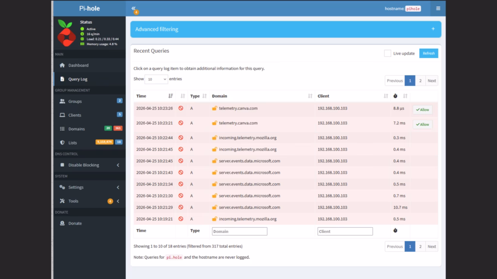 Pi-hole Dashboard Heimnetz Recent Queries